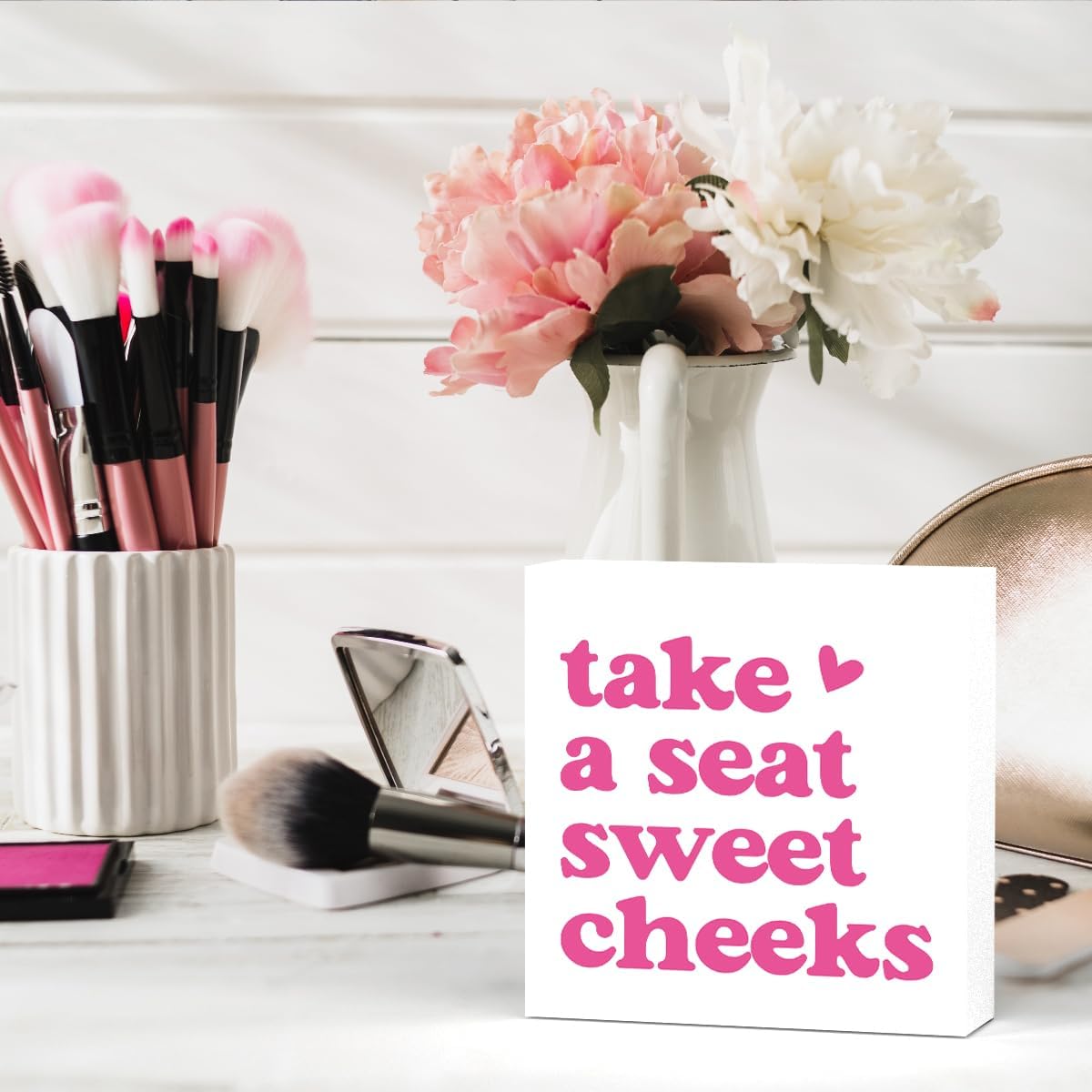 Pink Feminine Decorative Sign, Wooden Box Sign, 5x5 inches, Tabletop, Rustic, Take a Seat Cheeks