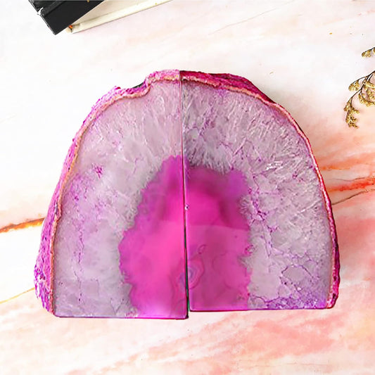 Pink Agate Geode Bookends Anti-Slip Rubber Bumpers 1 Pair 2-3 Lbs
