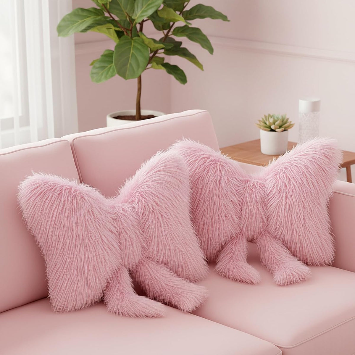 2 Pcs Pink Bow Pillow, Plush Faux Fur, 16 x 12 Inch