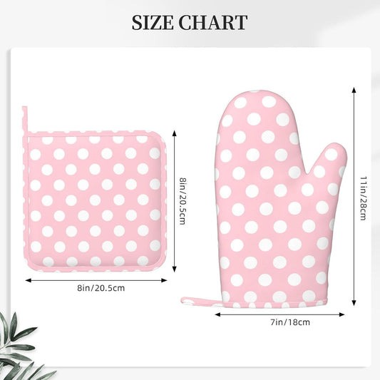 Light Pink Polka Dot Print Oven Mitts and Pot Holders Sets with 1 Left Silicone Oven Mitts and 1 Heatproof Insulated Hot Pads for Kitchen Use in Baking Cooking Grilling