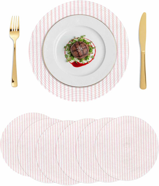 Round 13'' Placemats Set of 6, Pink Vertical Striped HeatResistant Polypropylene Placemats, Farmhouse Thin Line Stripes Washable Woven Braided Place Mats for Dining Table, Non Slip Kitchen Table Decor