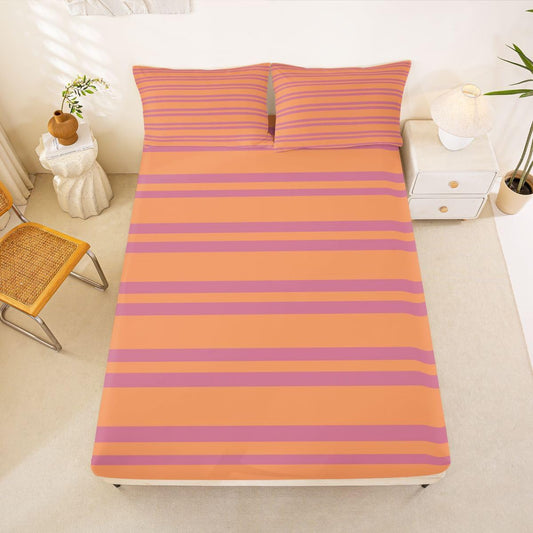 Erosebridal Peach Orange Modern Lines Sheets Queen Size for Kids Teens Adults | Geometric Abstract Striped Bed Sets Retro Classic Horizontal Stripe Sheets Minimalist Stripes Pattern Flat Fitted Sheet
