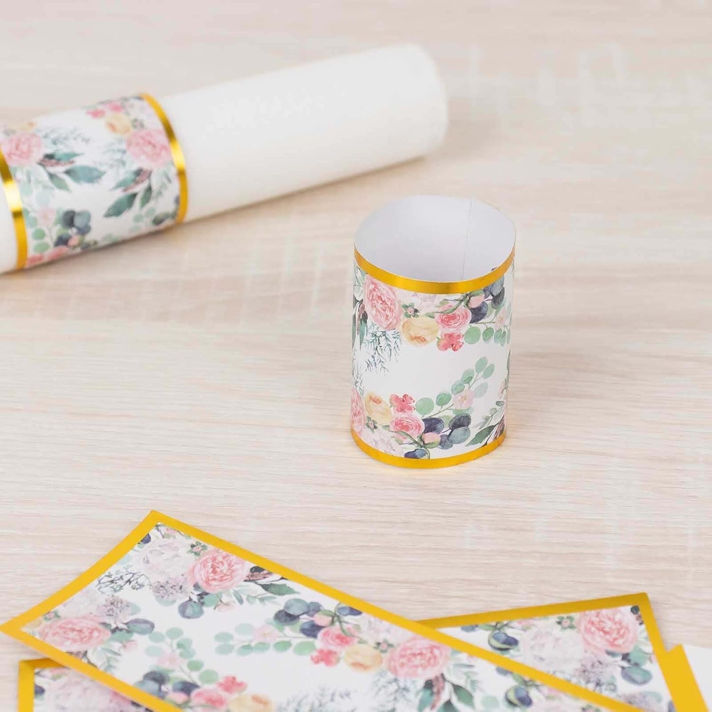 Efavormart 50 Pack Pink Peony Floral Paper Napkin Rings with Gold Edge, Disposable Napkin Holders Bands - 1.5"