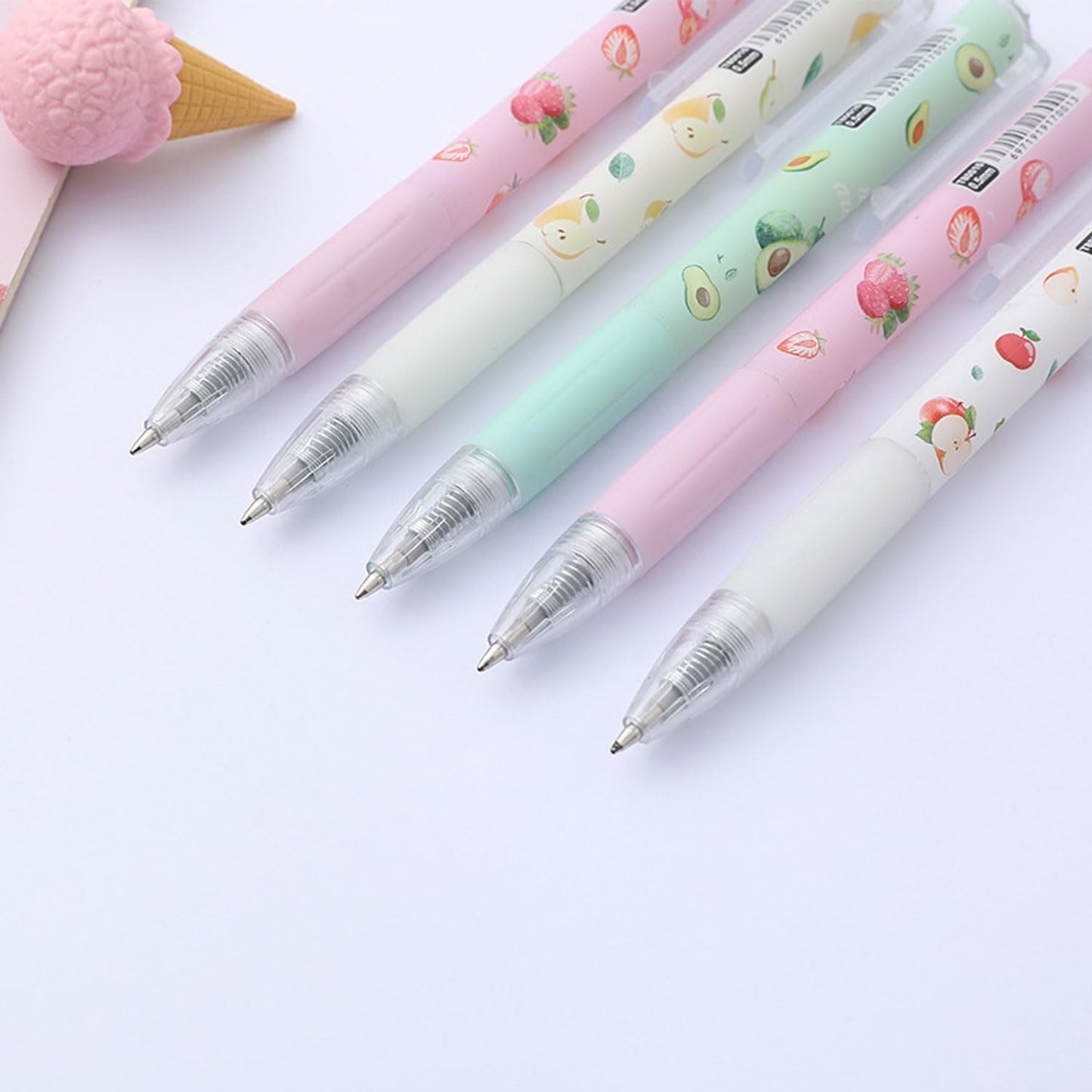 12PCS Fruit-Themed Gel Pens, Cute Retractable Writing Pens Featuring Strawberry, Cherry, Peach, Apple, Avocado, and Pear Designs, 0.5mm Black Ink Rollerball Pens for Students