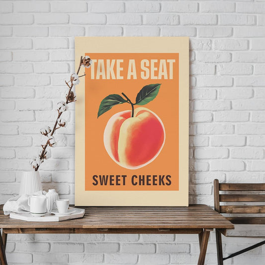 Forola Funny Bathroom Wall Art,16x24 Inch Take A Seat Sweet Cheeks Peach Retro Canvas Print,Lovely Fruit Poster,Vintage Humorous Bathroom Decor for Toilet, Restroom, Powder Room Wall Hanging
