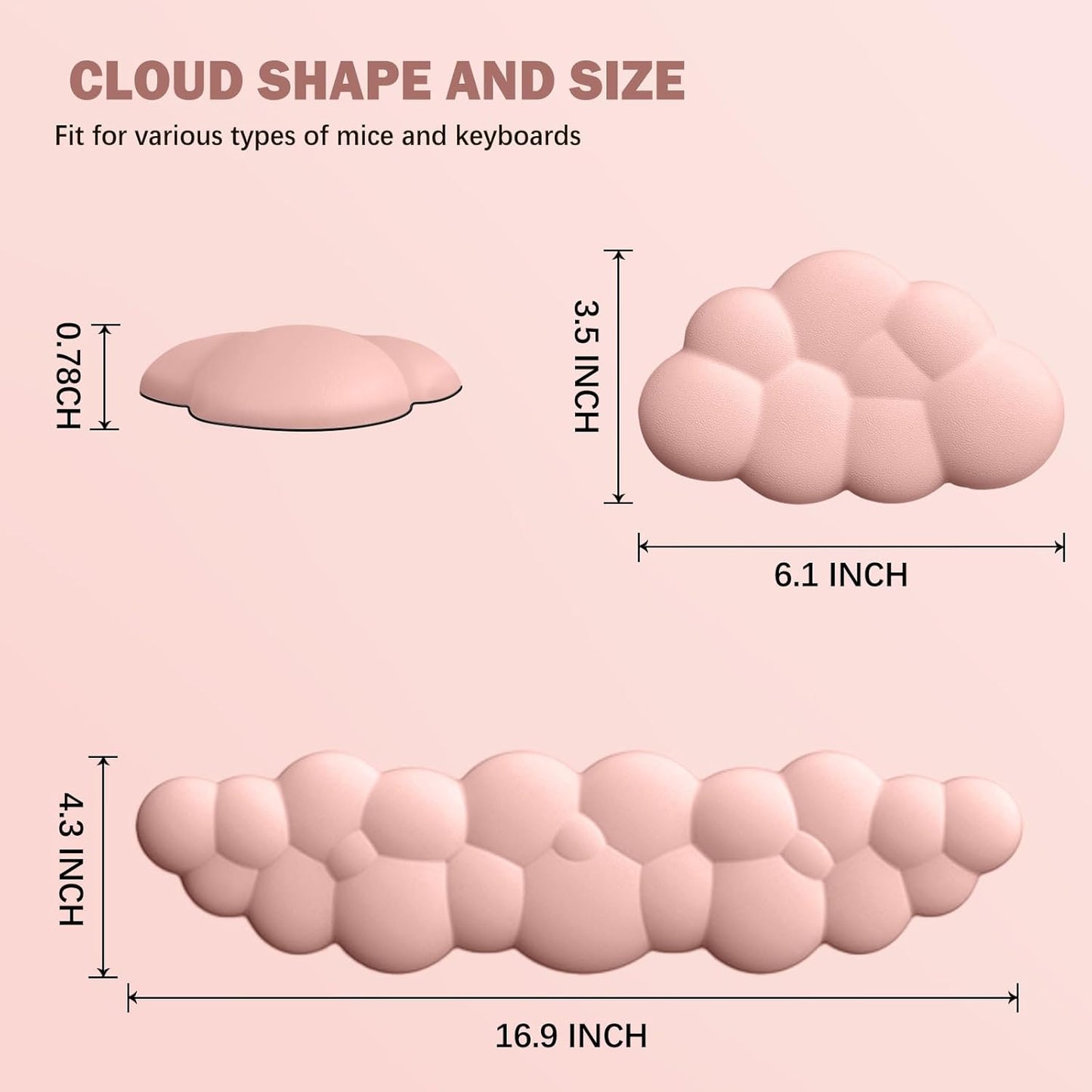 Cloud Keyboard Wrist Rest Mouse Pad Set, PU Leather Memory Foam Wrist Cushion Support, Mouse Wrist Pad, Non-Slip Wrist Support for Home, Office, Light Pink Cloud