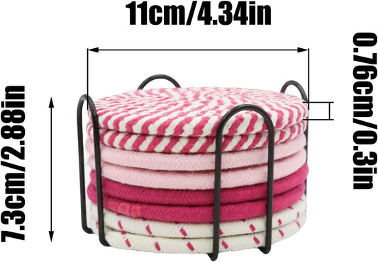 4 PCS Pink Coasters Set of 8, Fabric Coasters for Drinks Absorbent Woven Cute Coaster with Holder for Desk House Essentials Modern Home Decor