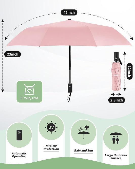 HIPPIH Compact Travel Umbrella for Rain - Windproof Automatic Umbrellas, UV Umbrella for Sun Protection with Black Anti-UV Coating, Portable Small Umbrellas for Backpack, Car, Walking, Kids, Women