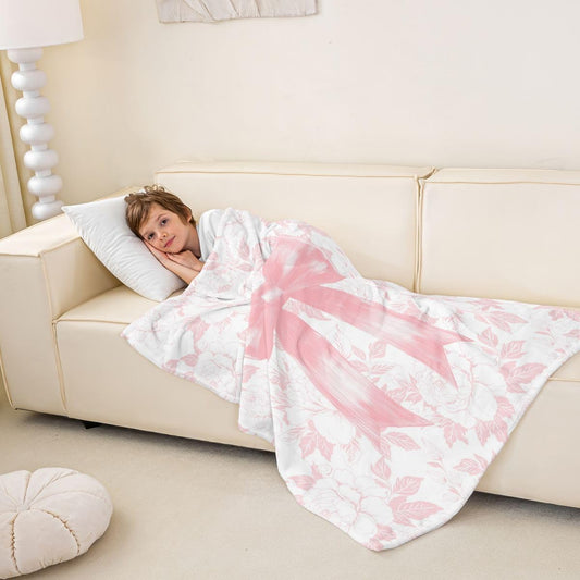 Preppy Coquette Bows Bed Blankets Room Decor 30x40 inches Watercolor Flowers Fuzzy Blanket for Sofa Couch Dreamy Princess Style Flannel Fleece Blanket for Kids Boys Girls All Season,Peach Pink