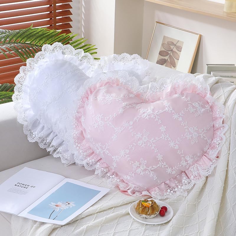 Elegant Lace Heart Shaped Throw Pillow, Cute Heart Decorative Throw Pillows for Bed Couch Chair Sofa, Living Room Bedroom Decor (Pink)