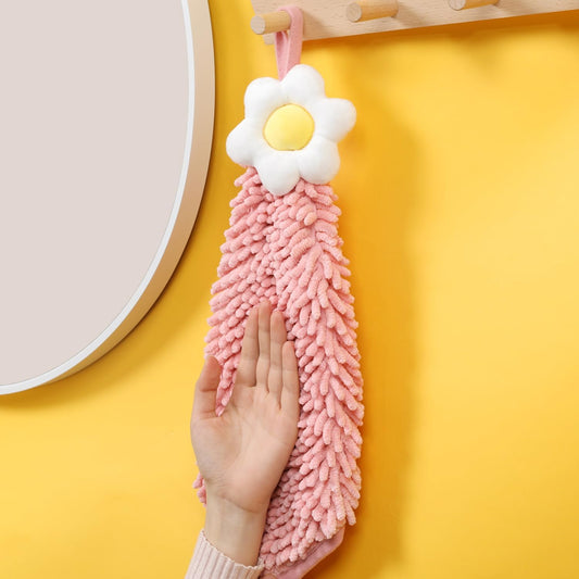 Chenille Cute Flower Hand Towels, Super Soft Water Absorbent Decorative Hand Towels with Hanging Loop Machine Washable Kitchen Towels, Pink