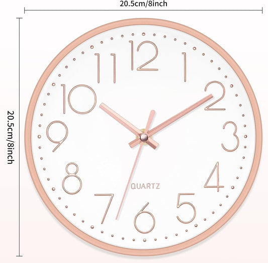 Foxtop 8 Inch Wall Clock Modern Small Wall Clocks Battery Operated Silent Non-Ticking Round Quartz Rose Gold Wall Clock for Office Bedroom Kitchen Home School