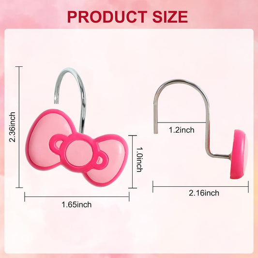12-Piece Pink Bow Shower Curtain Hooks, Cute Stainless Steel Decorative Shower Hangers Rings for Bathroom Decor