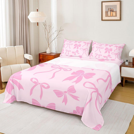 Feelyou Bow Bed Sheets Sets Queen Size Kids Boys Girls Cute Bowknot Bedding Set Pink Peach Bed Sheet Set with 16-Inch Deep Pockets 4Pcs with 2 Pillow Cases