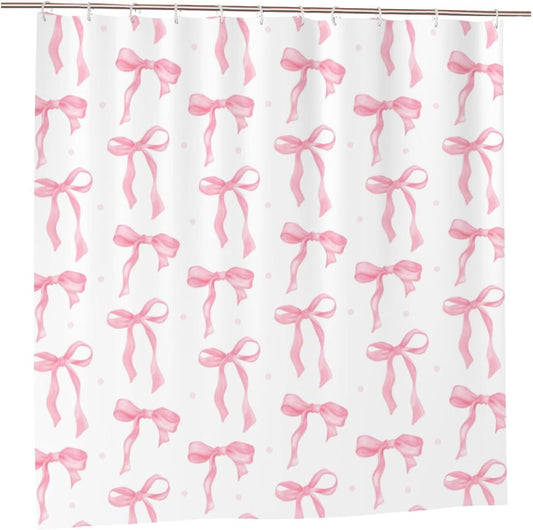 Cute Shower Curtain Pink Bow Fabric Shower Curtains for Bathroom Modern Aesthetic Cloth Shower Curtain Set with Hooks 72x72 Inch, Pink Bow