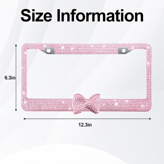 Rhinestone License Plate Frame, Pink Frame with Pink Bow, 1 Pack | Pink bow accent; sparkly rhinestones; mounting screw kit; silicone washers; standard US plates