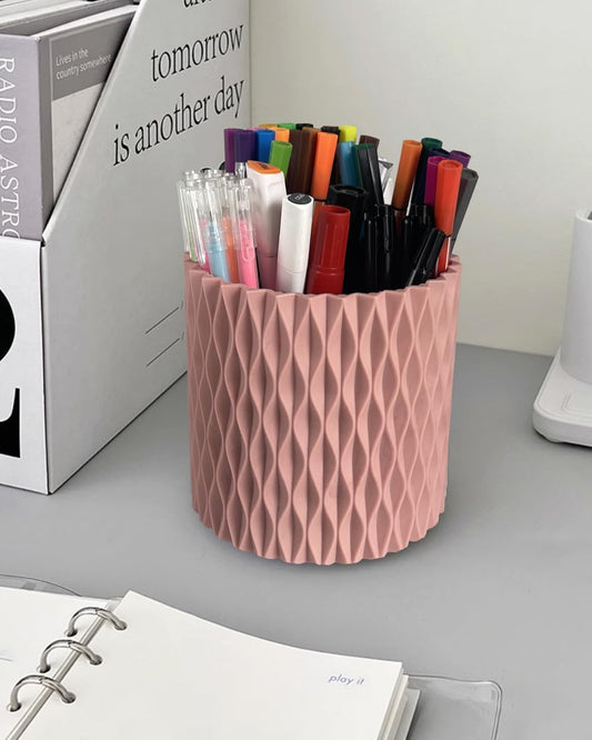 Lebenrich Rotating Pencil Holder for Desk, 5 Slots Unique Pink Organizer Easthetic Desktop Supplies and Accessories for Women Girls, Pen Cup Caddy for Office Home Art Supply