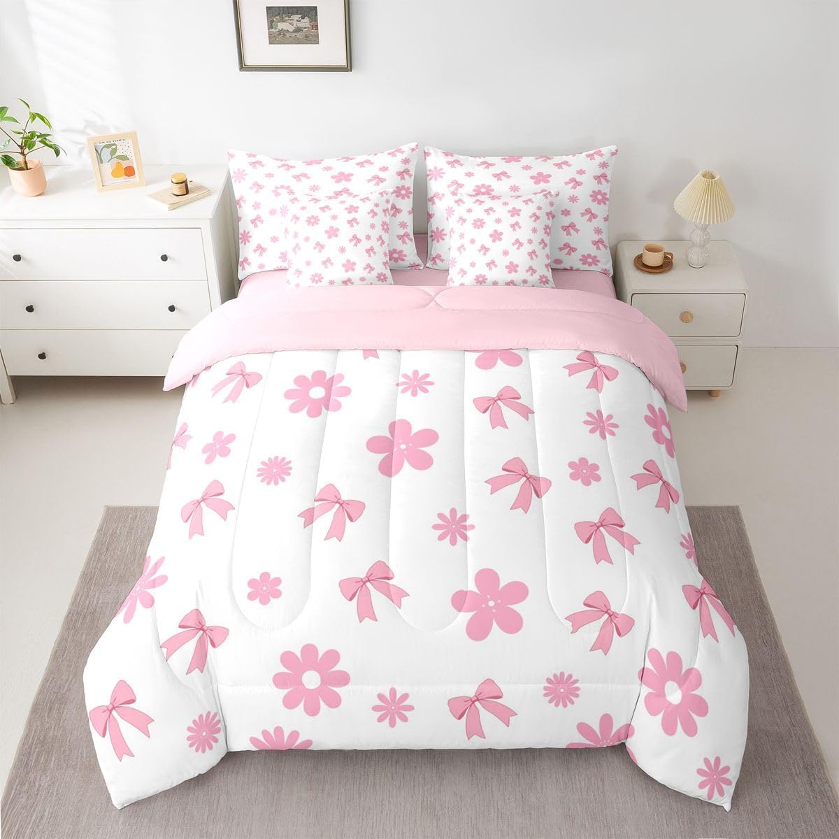 Feelyou Cute Bow Twin Comforter Set with Sheets for Kids Boys Girls Kawaii Flower Floral 7 Pieces Bedding Set Pink Bed in a Bag Room Decor Soft Lightweight Microfiber