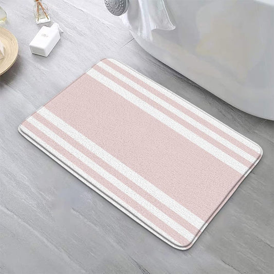 Striped Bath Mat Abstract Pink and White Stripes Modern Minimalist Geometric Vintage Aesthetic Girly Bathroom Rug Microfiber Memory Foam Shower Mat Kitchen Bath Floor Rugs, 16x24 Inch
