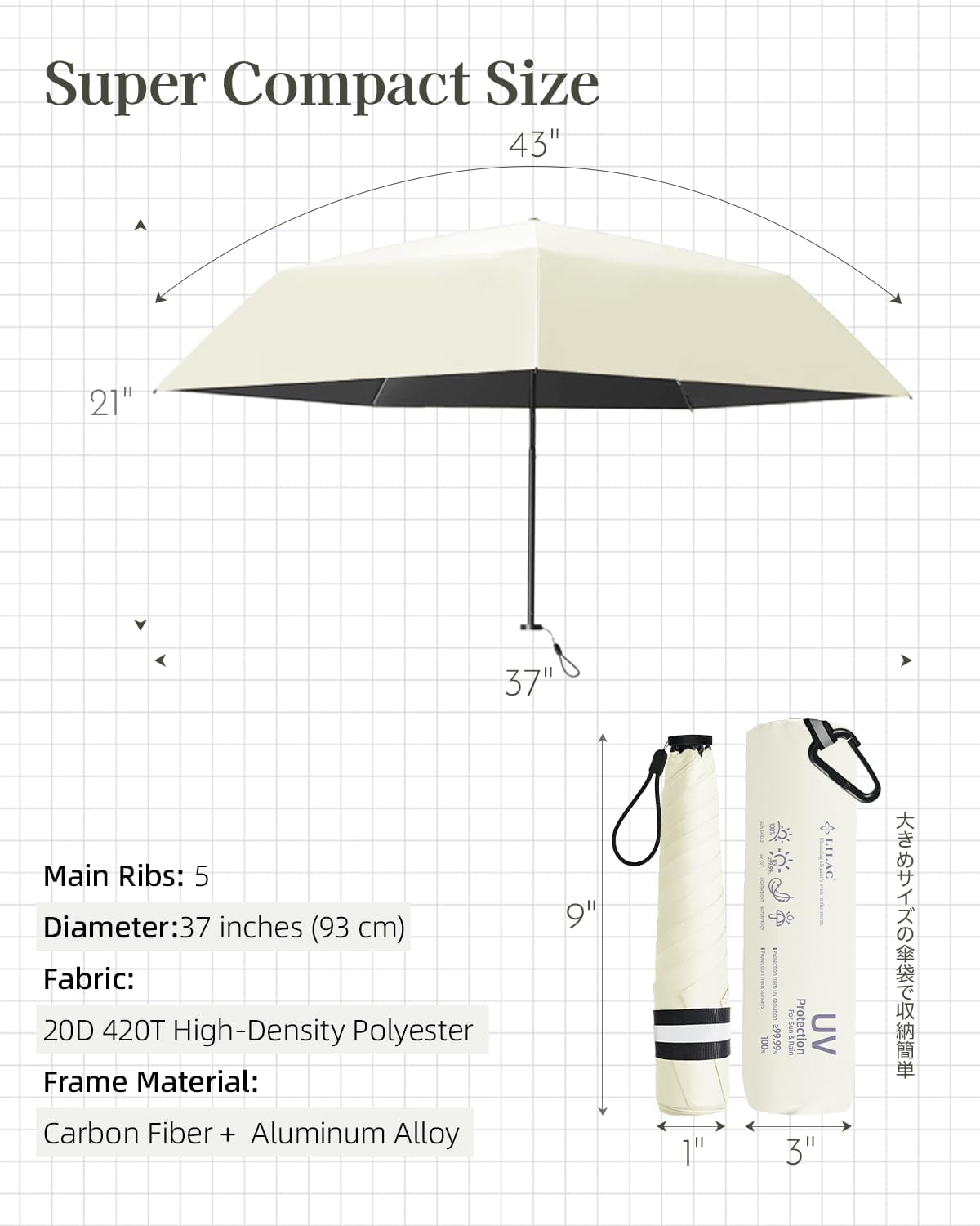 Mini Compact Travel Umbrella, 3.7Oz Ultralight Carbon Fiber UPF 50+ UV Protection Umbrellas for Rain & Sun, Portable Small for Backpack Car, for Women Men Kids, TSA Approved