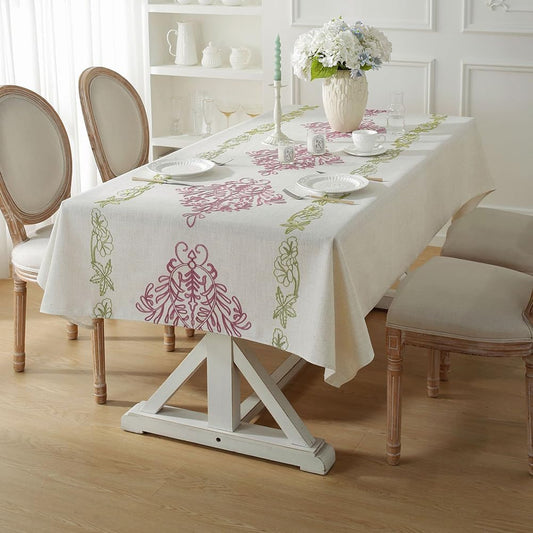 vctops Rectangle Tablecloth Vintage Floral Embroidered Decorative Table Cloth Water Resistance Cotton Linen Table Cover for Outdoor and Indoor Use (Pink, 53"x71")