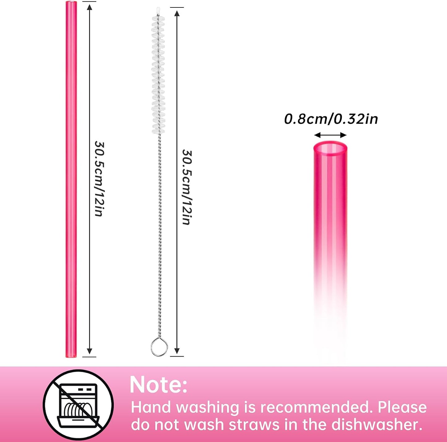 NiHome 12-Pack Plastic Reusable Drinking Straws Fit for Stanley 40 oz 30oz 64 oz Tumbler, 6 Color 12 In Reusable Straws Fit for Stanley Cups, 2 Brushes, BPA-Free for Cold & Hot Drinks (Gradient Pink)