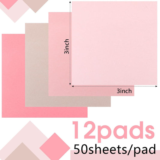 Thenshop 12 Pads Pink Sticky Notes 3''x3'', Self Stick Notes Pads Pink Office Supplies, Vintage Aesthetic School Accessories 50 Sheets/pad