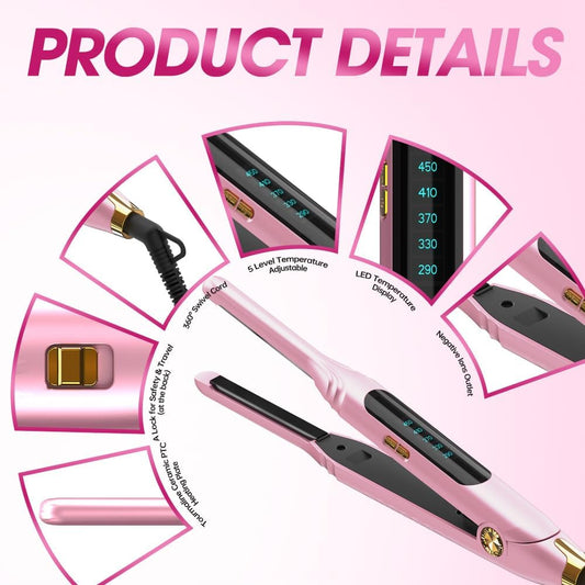 Mini Flat Irons for Short Hair,Pixie Cut & Bangs,Pencil Hair Straightener for Edges with LED Display,Small Hair Straightener with Dual Voltage,Ease to use and Fast 15 Second Heat up(Pink)