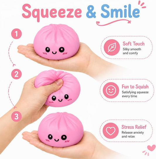 Pink Dumpling Squishies with Box,Squishies Dumplings Stress Relief Balls Fidget Sensory Toy,Bao Bun with Food Steamer Stretchy Desk Squeeze Toys