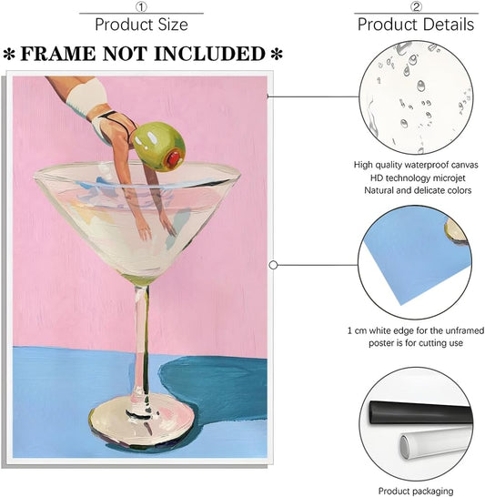 Ripiyome Vintage Cocktail Wall Art Print Funny Martini Glass Pink Blue Poster Surreal Retro Swimmer Canvas Oil Painting Playful Pop Art Bar Room Decor Aesthetic for Home Kitchen 8x12inch Unframed