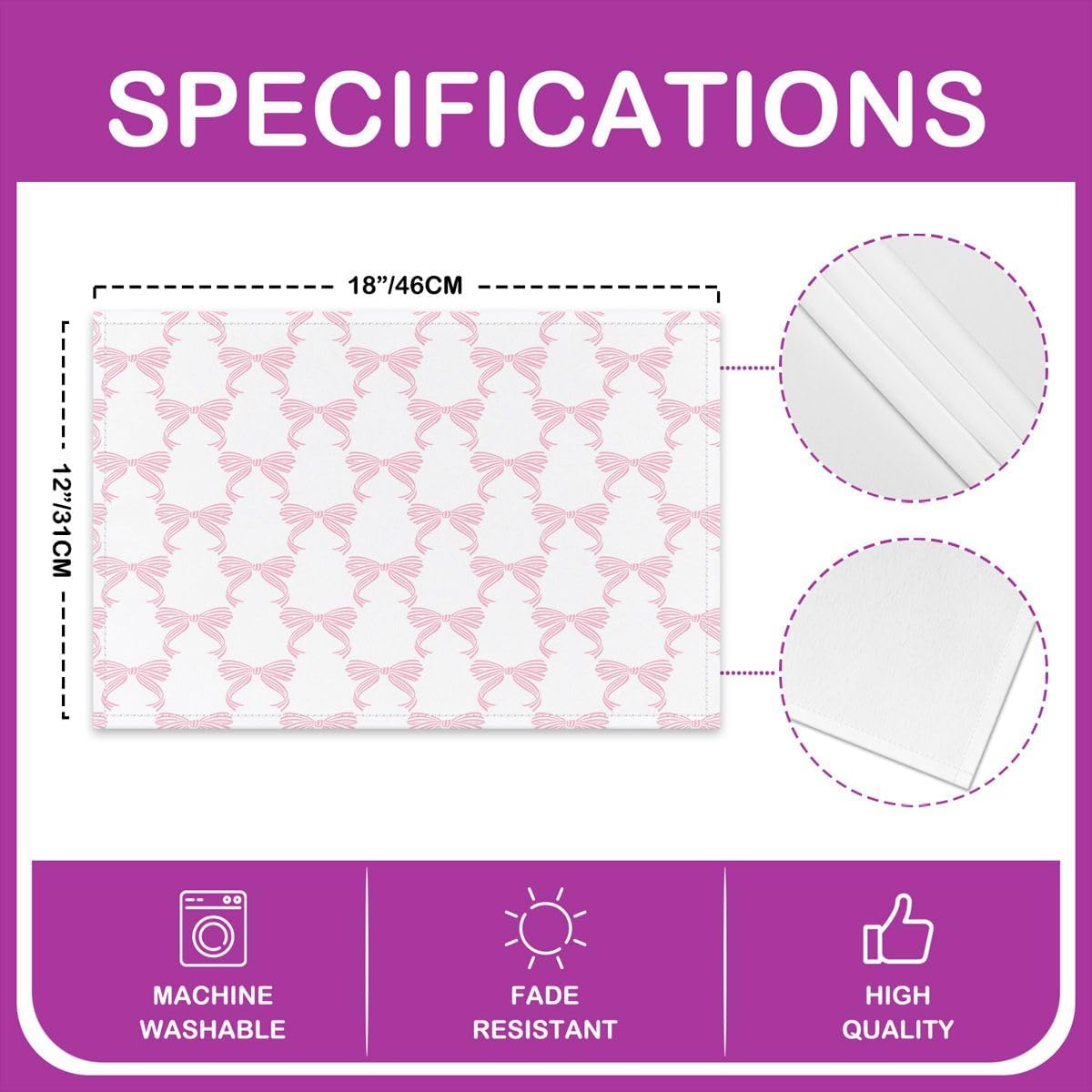 Feelyou Bow Placemats Set of 4 Pink and White Bow Table Mats Bowknot Place Mat for Kitchen Dining Table Party Decor Indoor Outdoor 18"x12" Non-Slip Easy to Clean for Girls