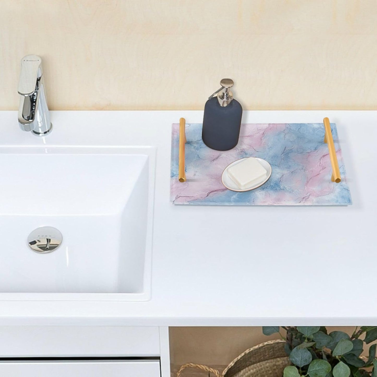 Peach and Light Blue Marble Texture Decorative Dinner Tray with Handles Coffee Serving Tray for Jewelry Perfume for Dinner Serving bandeja para Comer