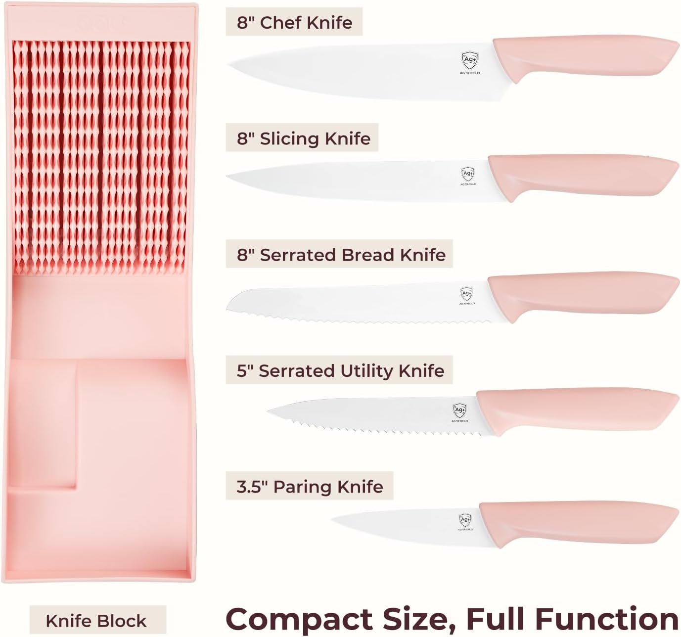 OOU In-Drawer Kitchen Knife Set, Space-Saving Cutlery and Kitchen Organizer, Includes Chef, Bread, Santoku, Utility and Paring Knives, 6-Piece, Pink