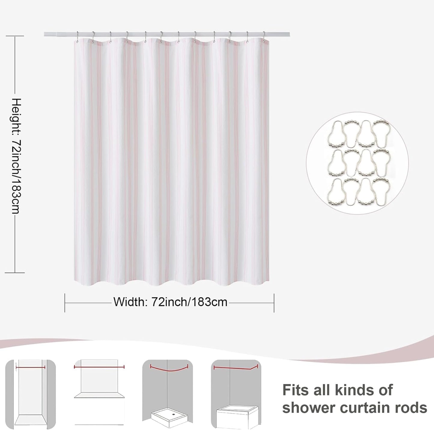 ORTIGIA Pink and White Striped Shower Curtain with 12 Metal Hooks, Crinkled Lightweight Textured Fabric Modern Farmhouse Minimalist Bathroom Curtain 72x72 Inch