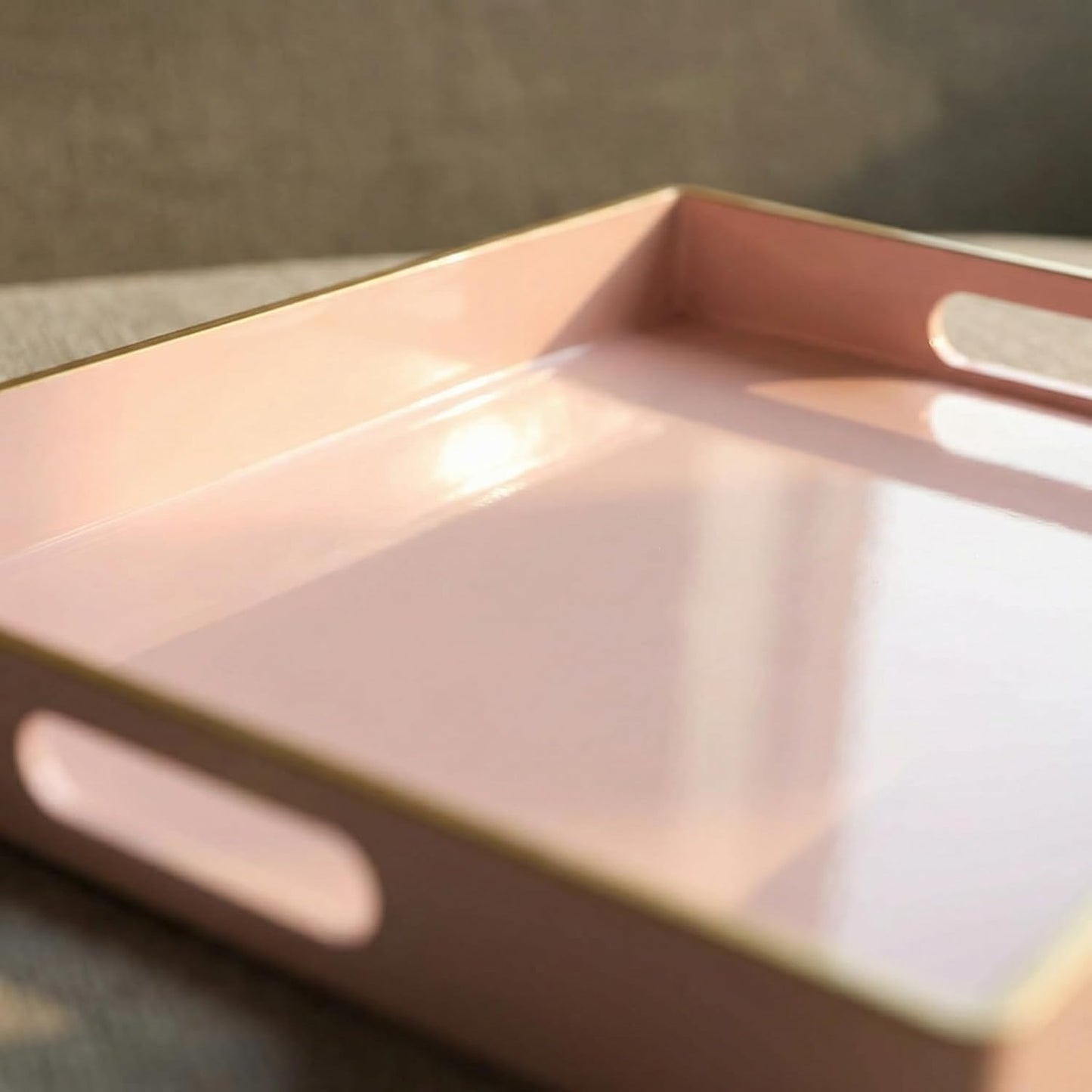 Pink Serving Tray with Handles, Rectangular Decorative Tray for Coffee Table, Plastic Ottoman Tray for Living Room, Bathroom, Kitchen Tabletop, 15.6”x 10.2”x1.37”