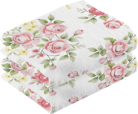 senya Towels Cotton Hand Towels Pack of 2, Pink Rose Flower Floral Ultra Soft Highly Absorbent Towels for Bathroom, 16x28 Inches