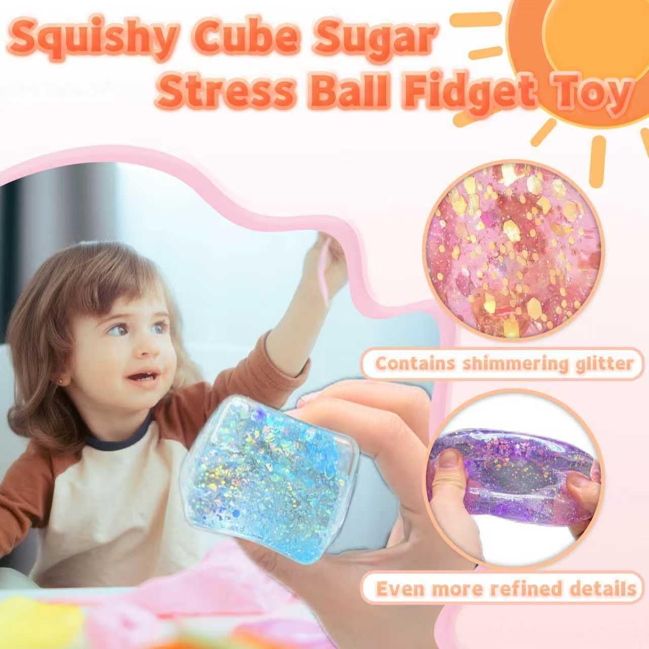 Pink Glitter Cube Sugar Stress Ball Squishy Sensory Fidget Toy for Kids & Teens, Slow Rebound Cube Squishy, Portable Squeeze Fidget Toy for Anxiety, Party Favors, Birthday Gifts