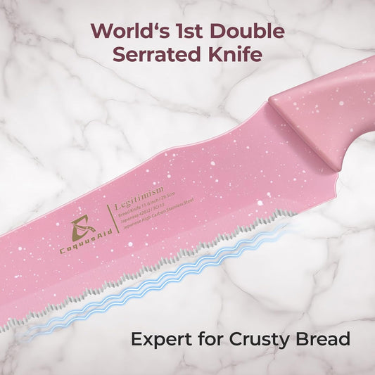 CoquusAid Upgrade Bread Knife for Homemade Bread, World‘s 1st Double Serrated Knife for Crusty Sourdough, 11.6 Inch Stainless Steel Bread Slicer, Professional Sourdough Cutter, Ideal for Gift, Pink