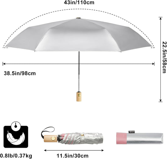 G4Free UPF 50+ UV Protection Travel Umbrella with Wooden Handle, 42 Inch Lightweight Sun Rain Folding Umbrellas Auto Open Close (Pink)