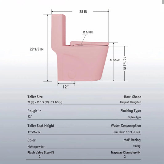 HRVEOCEI Dual Flush One Piece Toilets for Bathrooms, Compact Pink Toilet Elongated with Soft Closing Seat, Modern 12 Inch Rough in Toilet, Map 1000g, Comfort Height, Silent Design (Pink+31H)