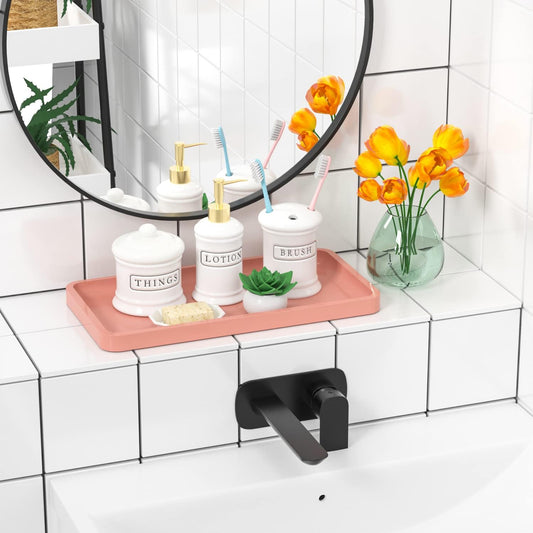 Bathroom Vanity Tray for Countertop - Bamboo Organizer Tray for Dresser Tops, Toilet, Perfume Small Decorative Tray Wood Tray for Home Decoration 11.81β L x 6.1β W x 0.79β H (Pink)