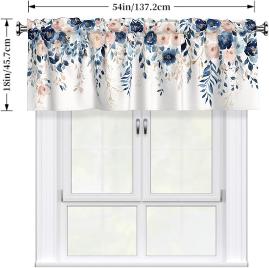 Navy Blue and Pink Floral Valances for Windows Watercolor Blooming Flower Kitchen Curtain Farmhouse Style Sheer Valance for Bedroom Living Room 54x18 Inch, 1 Panel