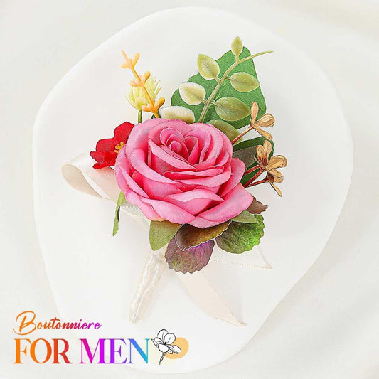 Bride Wedding Flower Boutonniere Red Rose Groom Buttonholes Prom Suit Decoration for Men and Groomsmans (Pink)