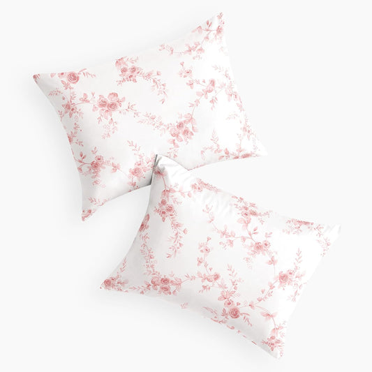 Wake In Cloud - Floral Pillow Cases, Vintage Flower Shabby Chic Cottagecore Farmhouse Aesthetic, Set of 2 Soft Pillowcases Pillow Shams Covers, Pink White, Standard Size 20x26 Inches