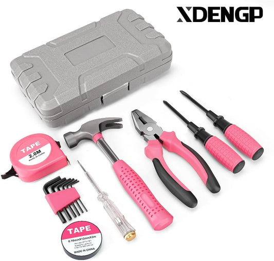 13 Piece Pink Tool Set, Mini Tool Box for Women. Home Tool Kit with Plastic Storage Toolbox for All Purpose Office, Garage, Apartment and College Dorm
