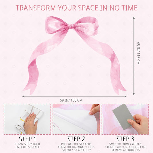 Fullhawl 59 x 45 Inch Large Pink Bow Wall Stickers Peel and Stick Coquette Girl Room Decor Large Watercolor Bow Stickers Preppy Waterproof Vinyl Decals Wall Decor for Girl Room Nursery Kindergarten