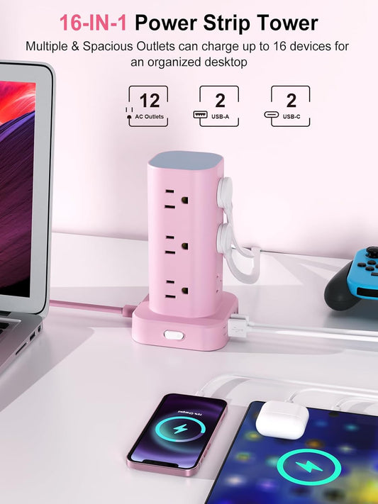 Power Strip Tower with Multiple Outlets, Flat Plug Surge Protector Tower Extension Cord with 12 AC Outlets 4 USB Ports (2 USB C), 6FT Cord Power Tower Surge Protector for Home Office Dorm Room, Pink