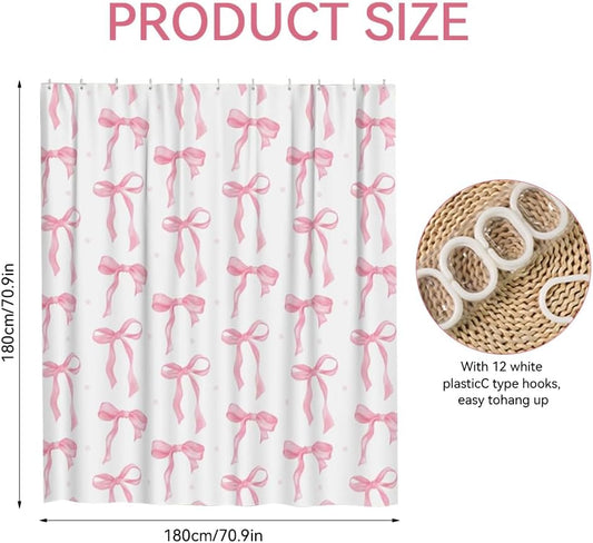 Pink Bow Shower Curtain, Cute Girly Shower Curtains for Bathroom, Waterproof Polyester Coquette Shower Curtain with 12PCS Hooks, 70.87 × 70.87 Inches, Pink