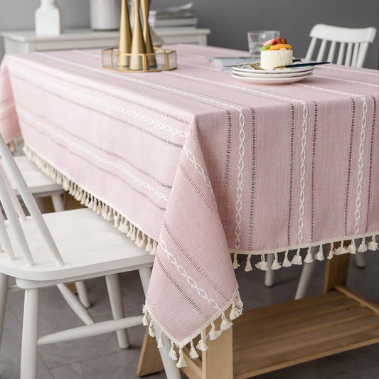 meioro Pink Rustic Table Cloth, Rectangle Textured Cotton Linen Fabric Tablecloth with Tassel, Valentines Day Farmhouse Table Cover Embroidery Stripe Tablecloths for Kitchen Dinning Party, 43" X 67"