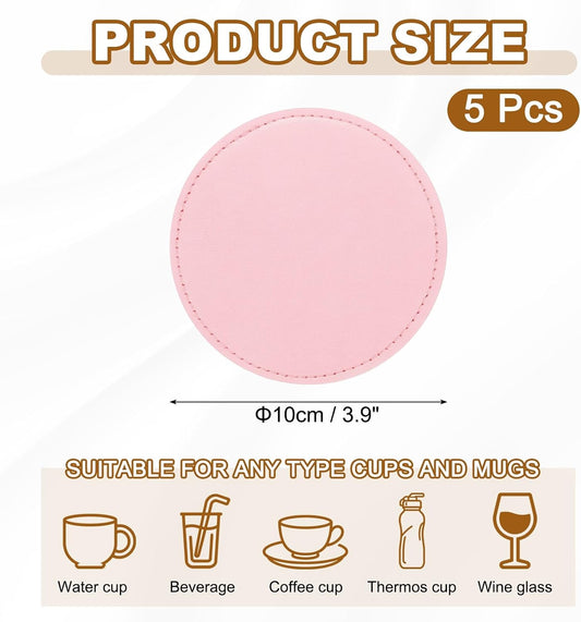 uxcell 5Pcs PU Leather Coasters, 4" Round Drink Coasters Heat Resistant Water Absorbent Non Slip Cup Mat for Home Office Kitchen Bar Coffee Table Housewarming Gifts Decor, Pink